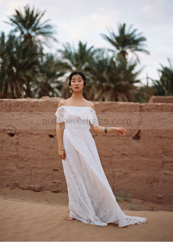 Off Shoulder Ivory Lace Wedding Dress With Court Train